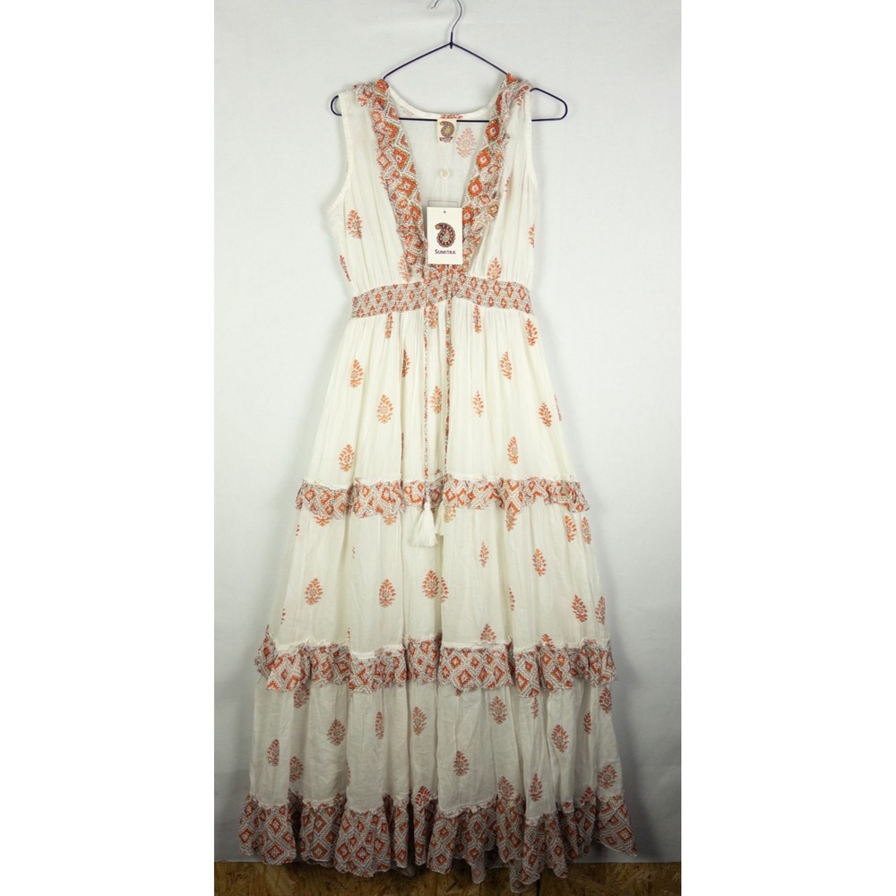Sumitra Maxi Dress Womens Free Size White Orange Block Print Beaded Boho NWT
